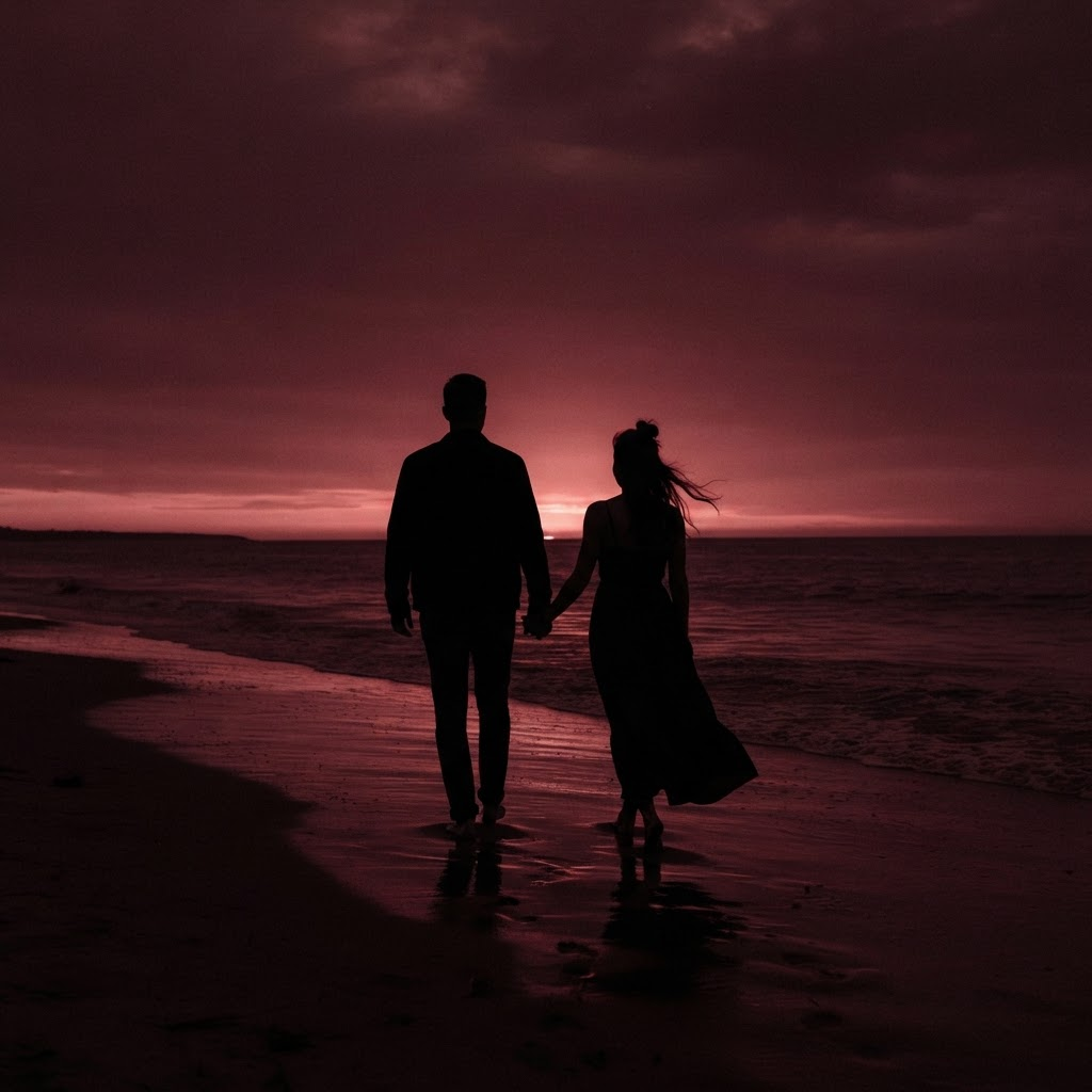 A couple holding hands, walking together along the beach at sunset