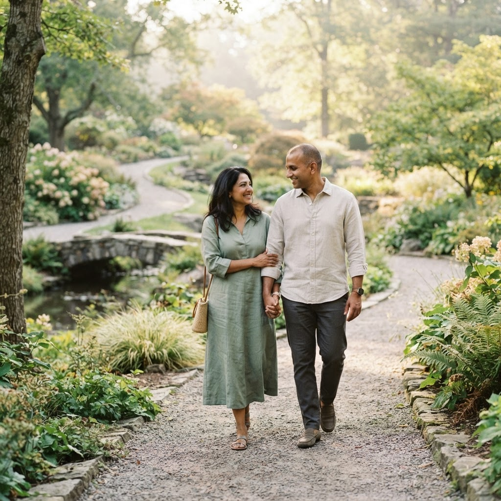 A South Asian couple walking together outdoors