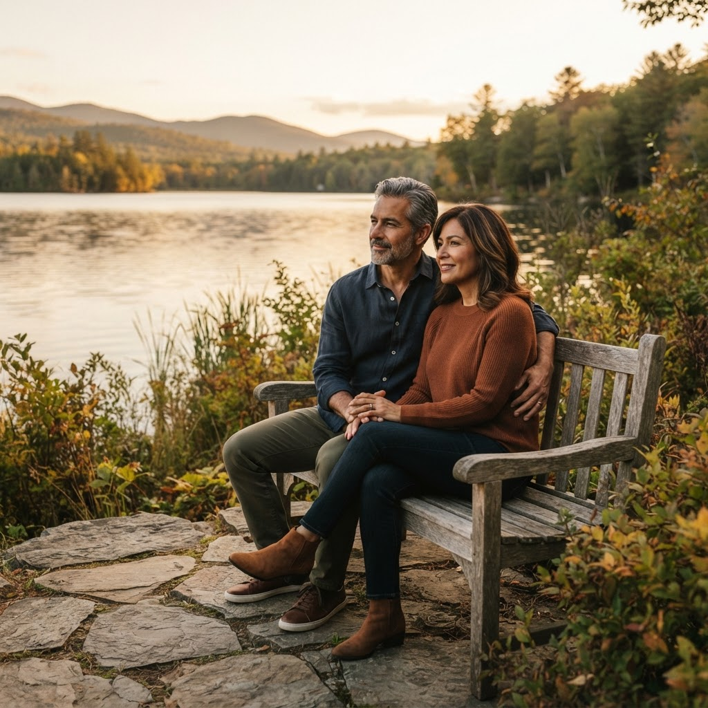 A Latino couple sitting together by a lake