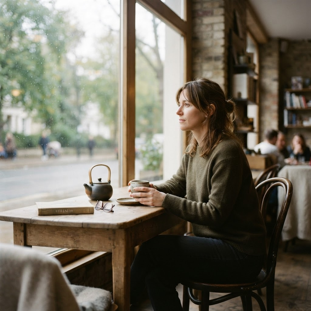 A person sitting quietly, reflecting during a break