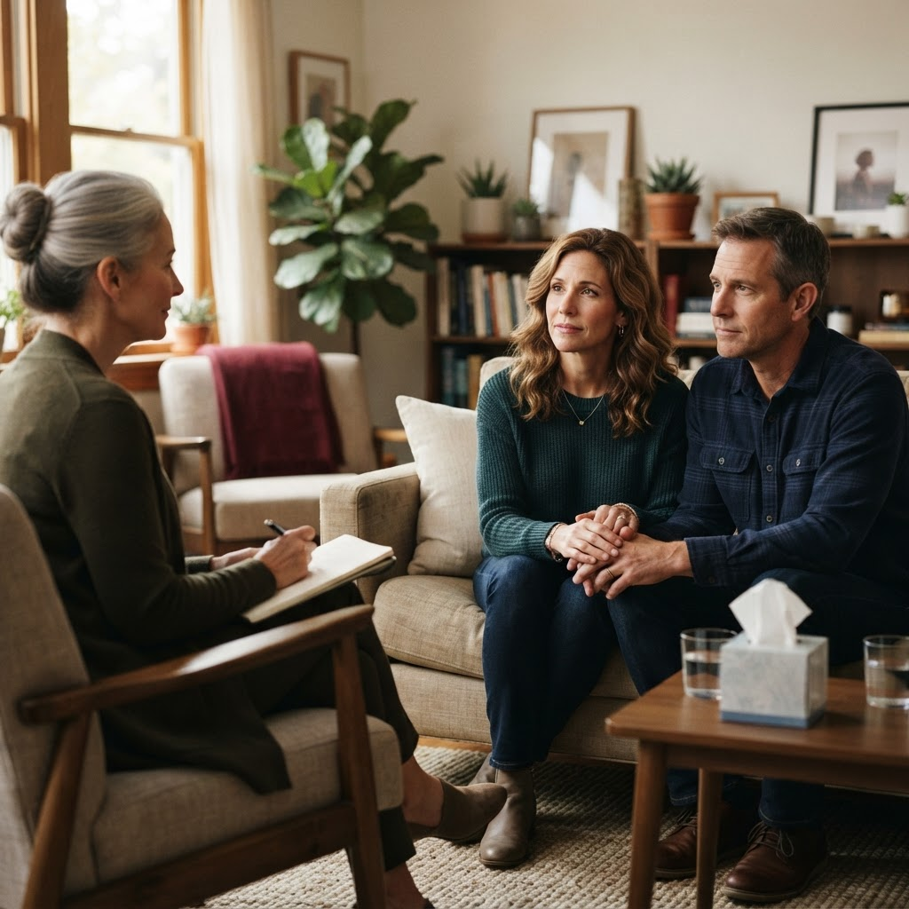 A couple in an intensive counseling session with a therapist