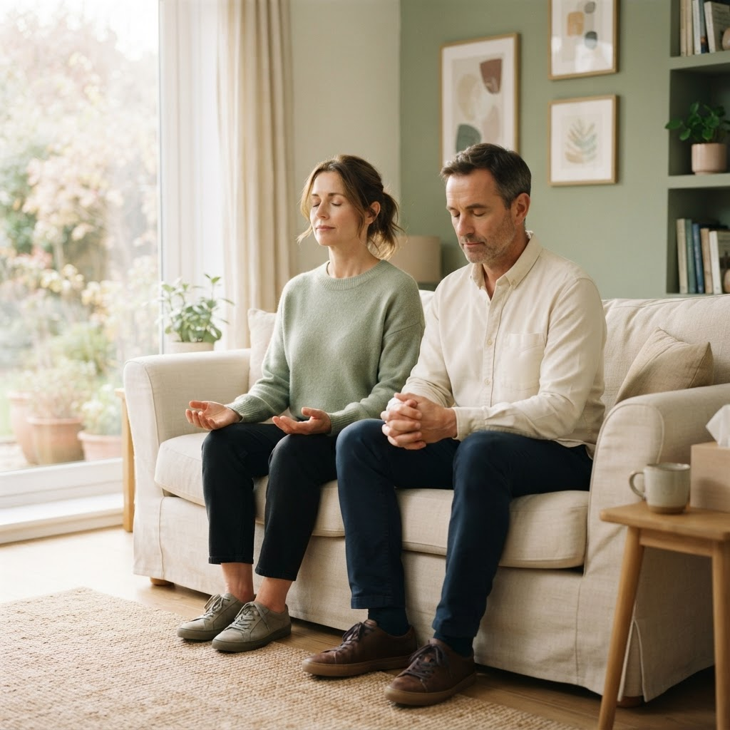 Couple practicing a calm breathing exercise together
