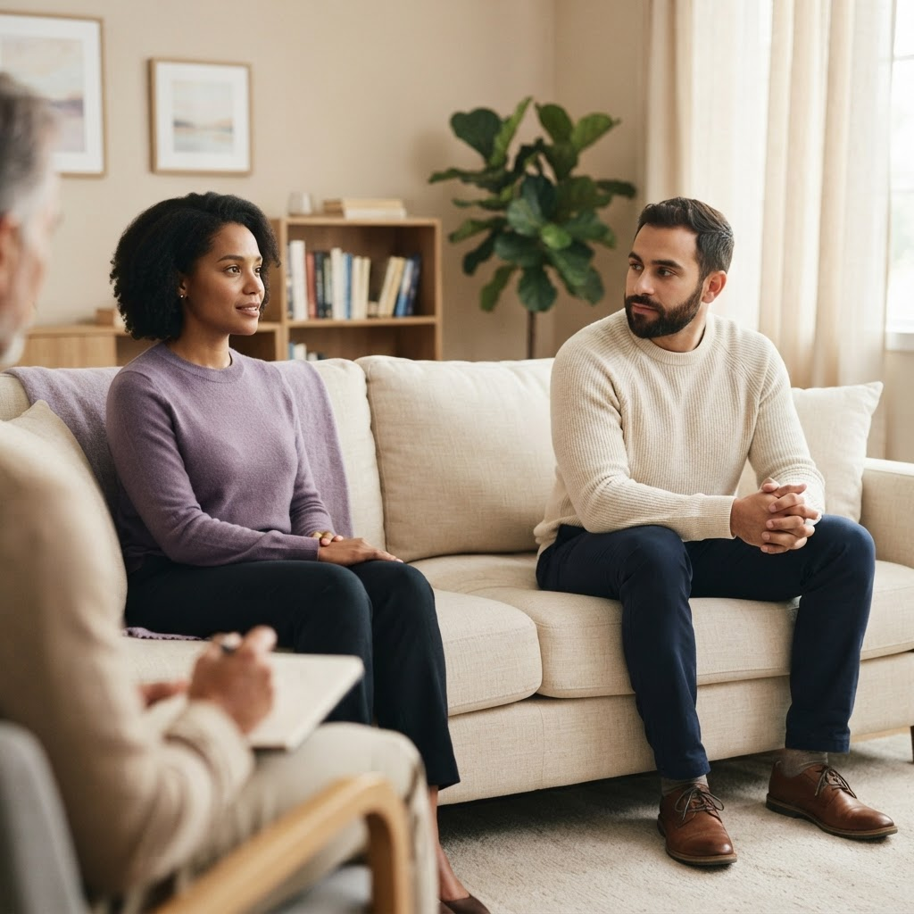 Couple sitting with respectful space and grounded body language