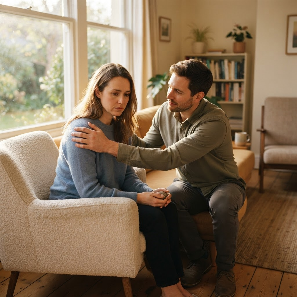 Couple sharing quiet support beside a sunlit window