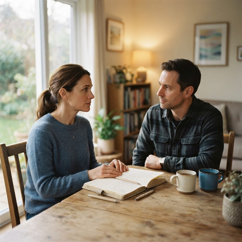 Couple having a respectful conversation while rebuilding trust