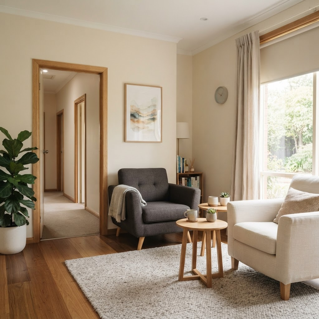 Calm counseling room with separate chairs and an open doorway