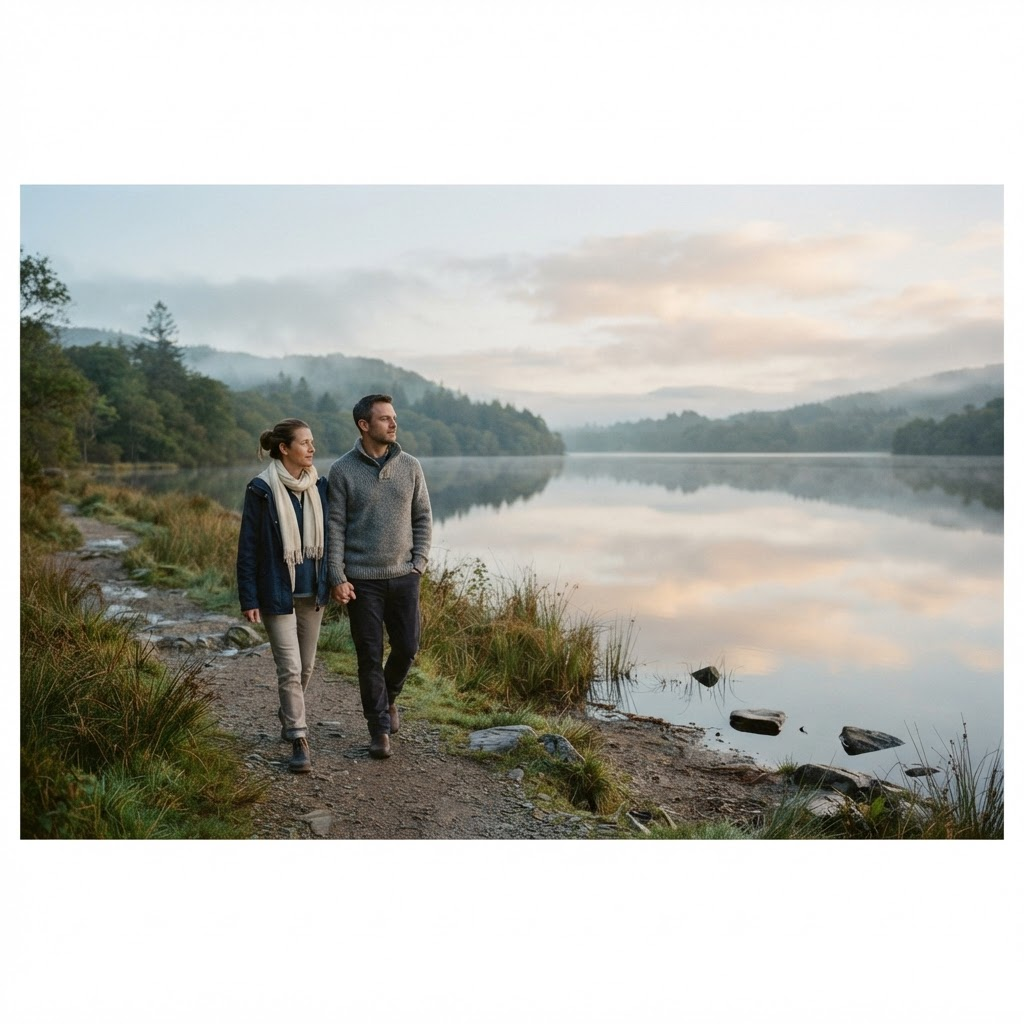 Couple walking beside a quiet lake during trauma recovery